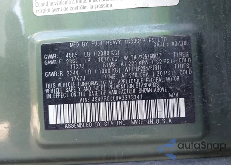 2010 Subaru Outback 2.5I Limited z USA, uszkodzony, nr VIN 4S4BRCJC8A3373341